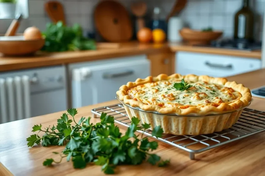 Cozinha aconchegante com tortinha de atum fresca.