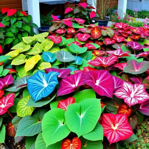 Jardim vibrante com plantas de caladium coloridas
