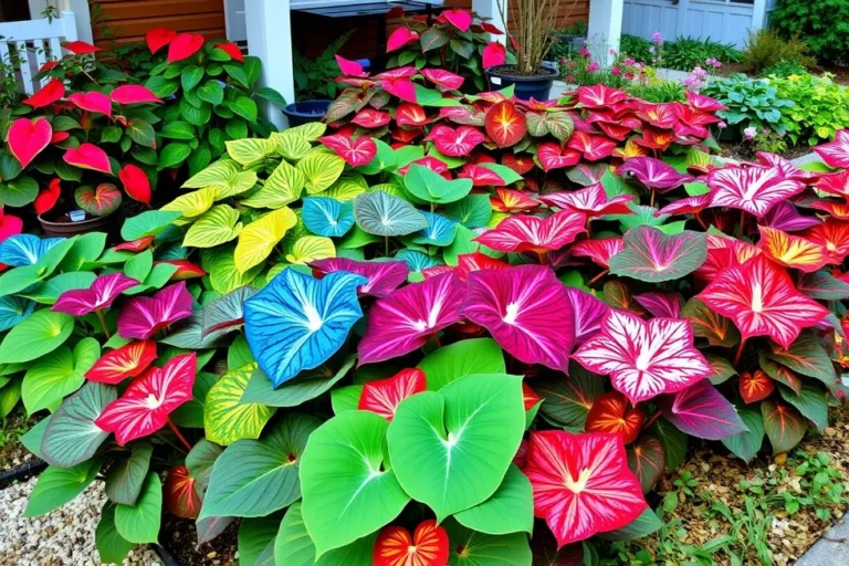 Jardim vibrante com plantas de caladium coloridas