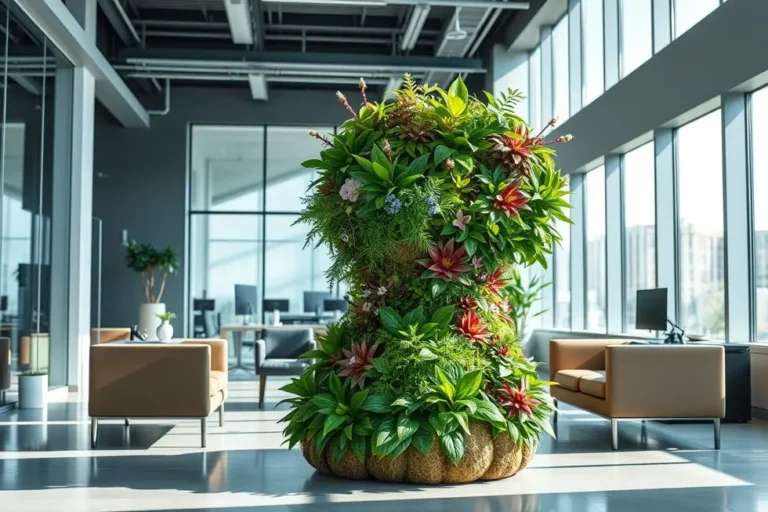 Planta kokedama vibrante em um escritório estiloso.