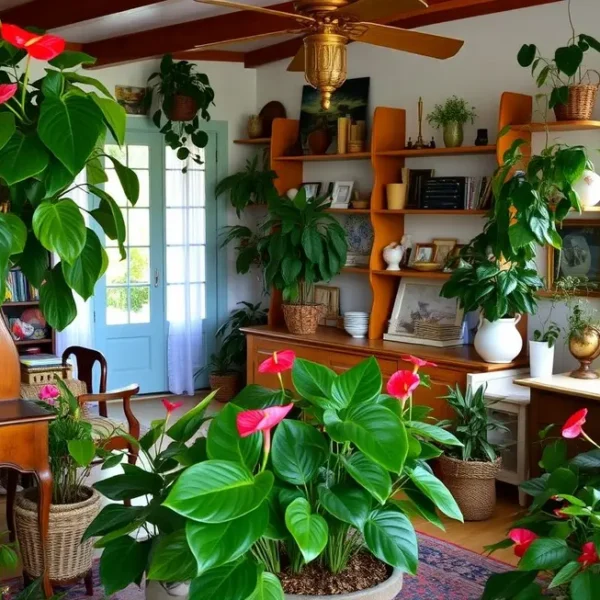 Interior de casa vibrante com antúrios diversos