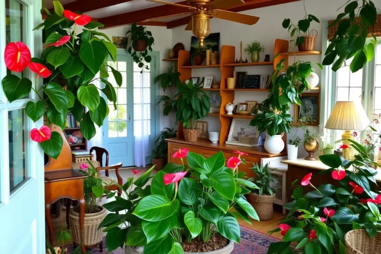 Interior de casa vibrante com antúrios diversos
