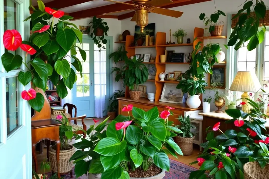 Interior de casa vibrante com antúrios diversos