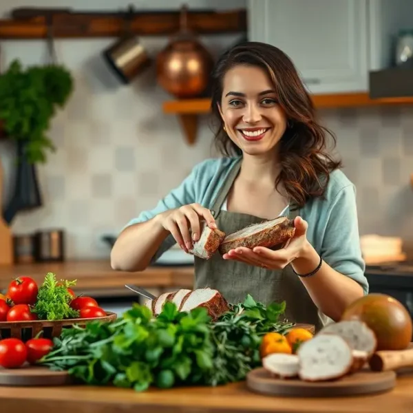 Mulher cozinhando com alegria, destacando o filé mignon suíno.