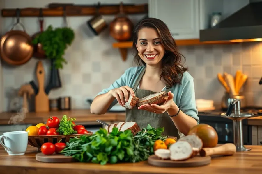 Mulher cozinhando com alegria, destacando o filé mignon suíno.