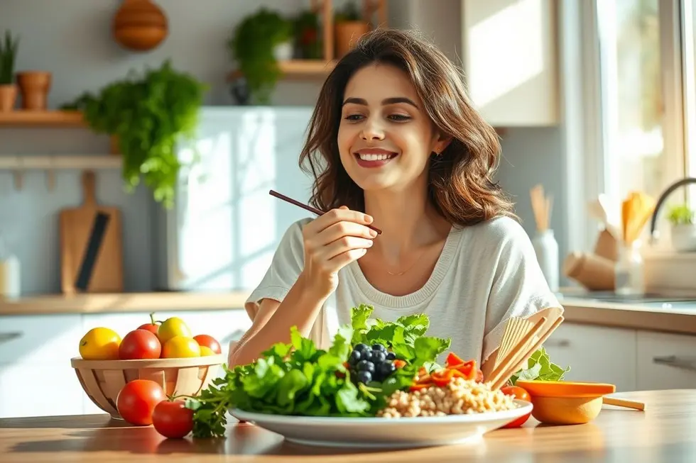 7 Sinais de Vesícula Preguiçosa e Como Reverter com Dicas Práticas 8 Mulher desfrutando de uma refeição saudável