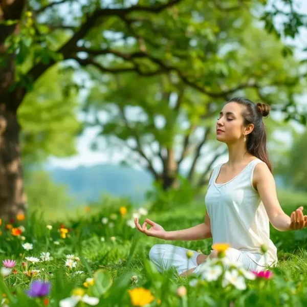 Mulher meditando cercada pela natureza, refletindo sobre um estilo de vida sustentável.