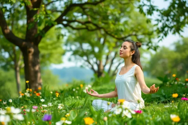 Mulher meditando cercada pela natureza, refletindo sobre um estilo de vida sustentável.