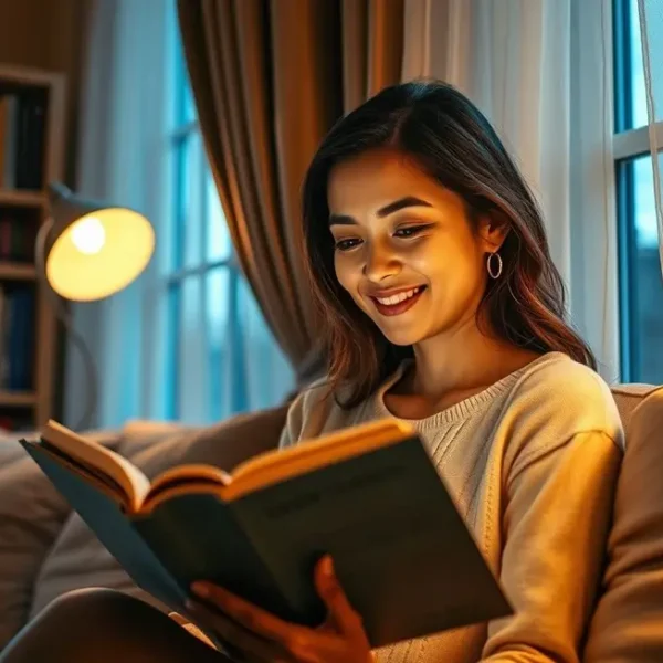 Mulher feliz lendo um livro com clareza.