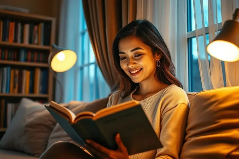Mulher feliz lendo um livro com clareza.