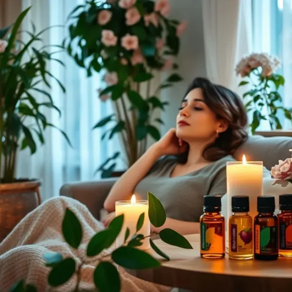 Woman relaxing at home with essential oils, plants, and candles creating a tranquil atmosphere.