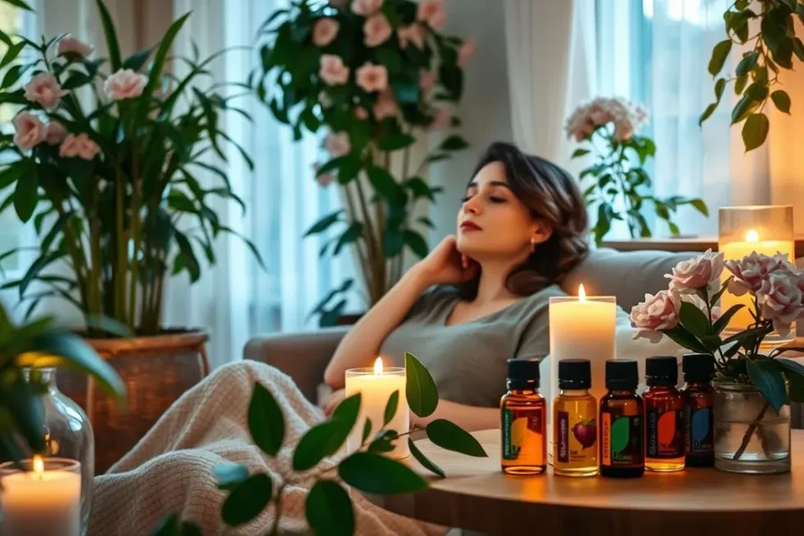 Woman relaxing at home with essential oils, plants, and candles creating a tranquil atmosphere.