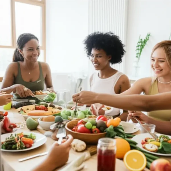 Grupo de mulheres desfrutando de uma refeição saudável, simbolizando suporte e amizade na alimentação.