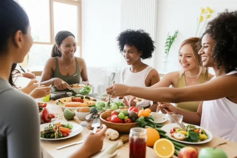 Grupo de mulheres desfrutando de uma refeição saudável, simbolizando suporte e amizade na alimentação.