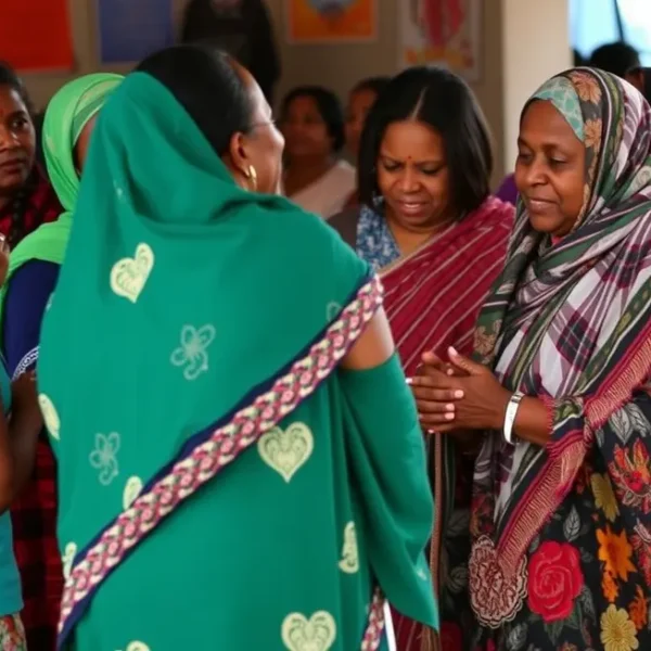 Grupo de mulheres se apoiando, simbolizando força e saúde comunitária.