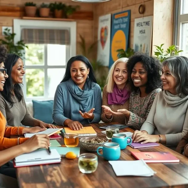 Grupo de mulheres discutindo saúde e prevenção
