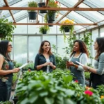 Grupo de mulheres empreendedoras discutindo ideias dentro de uma estufa.