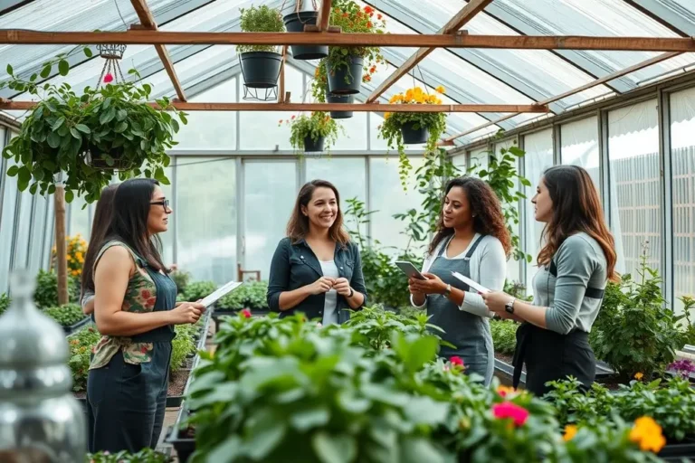 Grupo de mulheres empreendedoras discutindo ideias dentro de uma estufa.