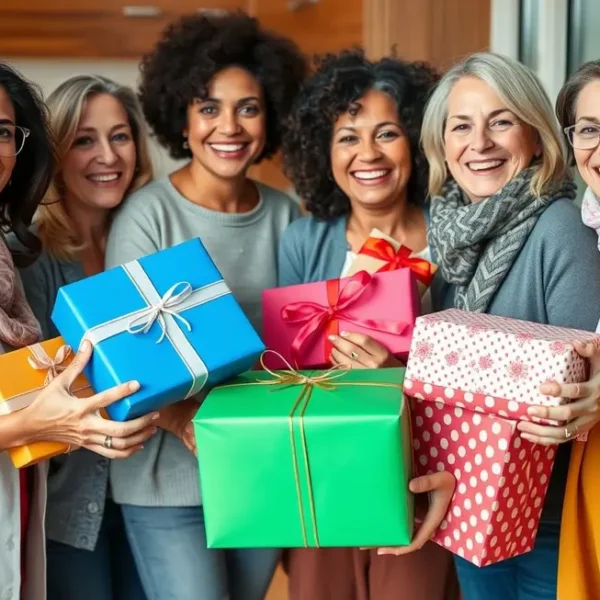 Grupo de mulheres felizes segurando presentes, simbolizando amizade e conexão.