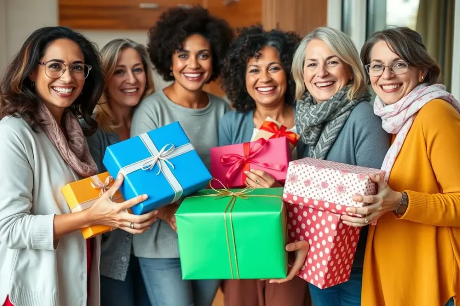 Grupo de mulheres felizes segurando presentes, simbolizando amizade e conexão.