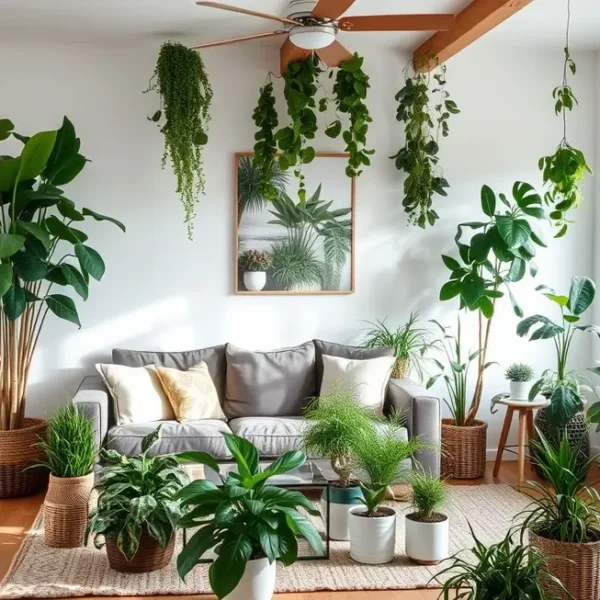 Um apartamento brilhante e acolhedor com várias plantas internas.