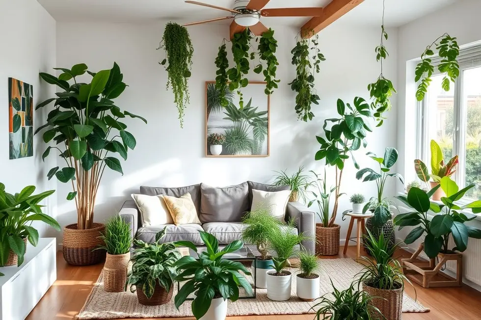 Um apartamento brilhante e acolhedor com várias plantas internas.