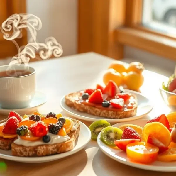 Um café da manhã saudável repleto de torradas variadas e nutritivas.