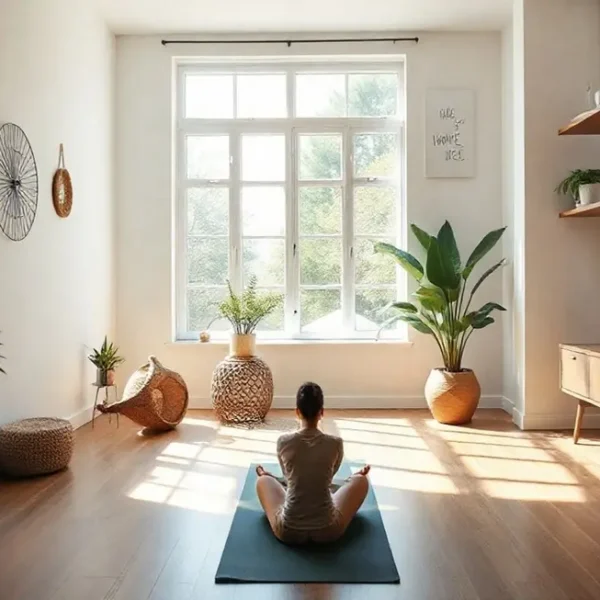 Espaço de exercícios em casa esperando por alguém para praticar.