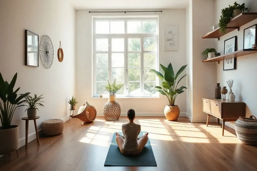 Espaço de exercícios em casa esperando por alguém para praticar.