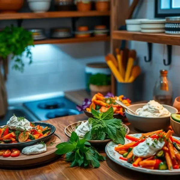 Uma cozinheira feliz preparando uma refeição com requeijão de caju em uma cozinha agradável.