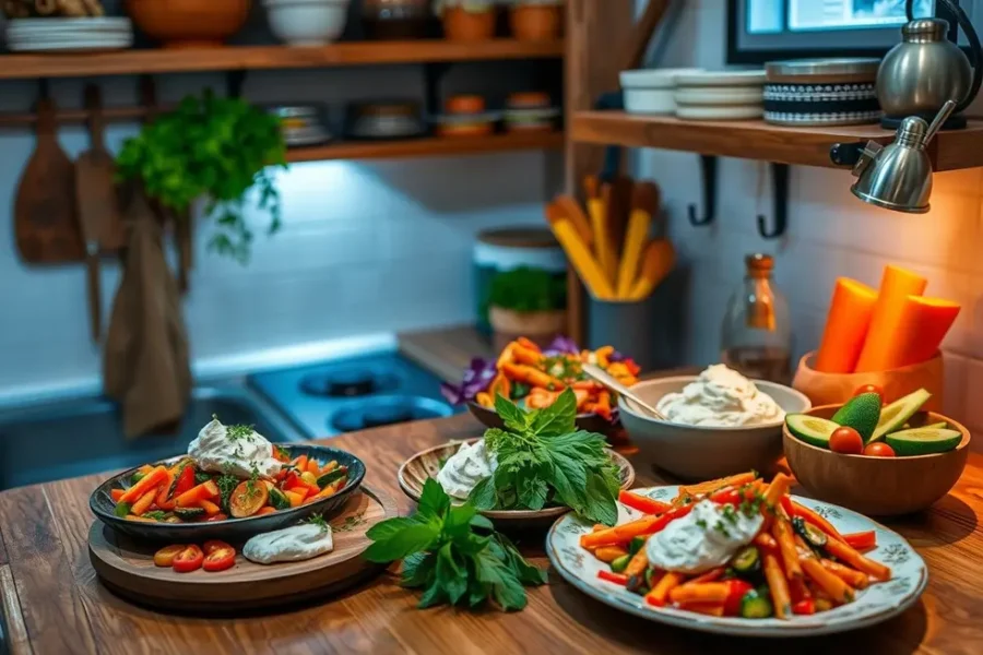 Uma cozinheira feliz preparando uma refeição com requeijão de caju em uma cozinha agradável.
