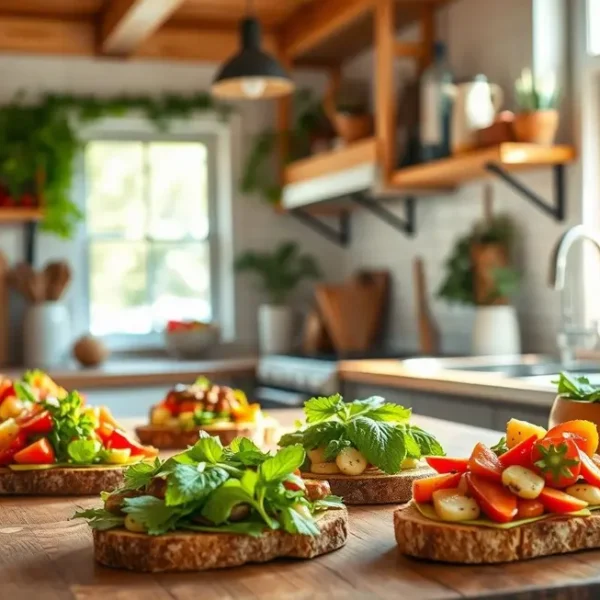 Café da manhã saudável com torradas coloridas e ingredientes frescos.