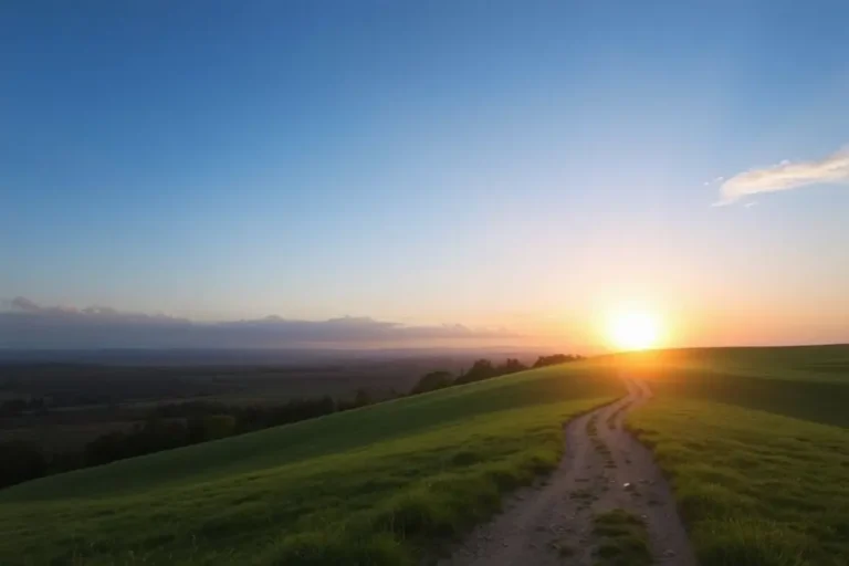 Paisagem serena com um amanhecer brilhante, simbolizando crescimento pessoal e esperança.