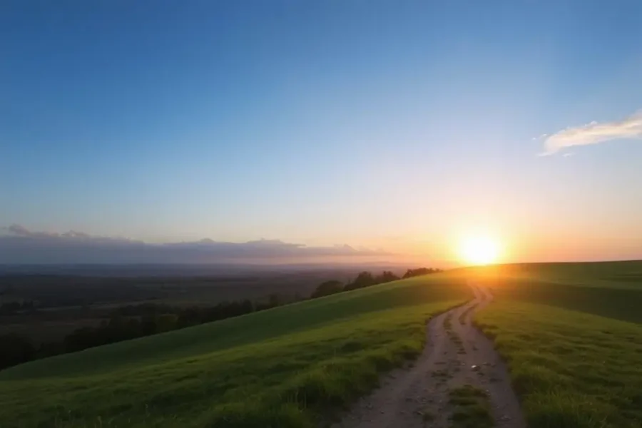 Paisagem serena com um amanhecer brilhante, simbolizando crescimento pessoal e esperança.