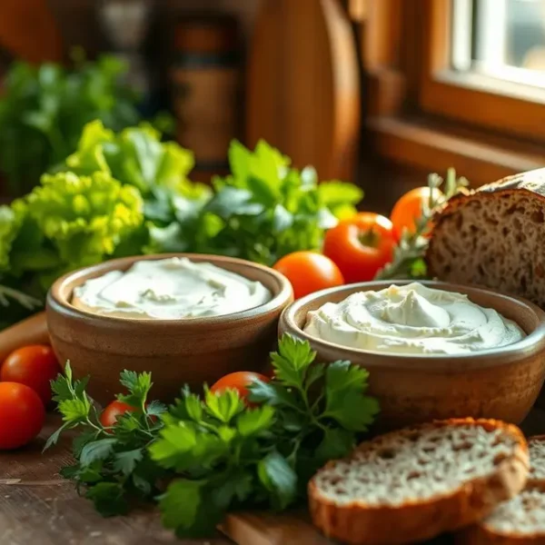 Cozinha apresentando requeijão de caju com vegetais.