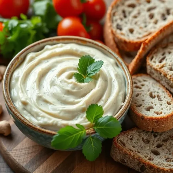 Bowl of cashew cream cheese with fresh vegetables on a wooden table.