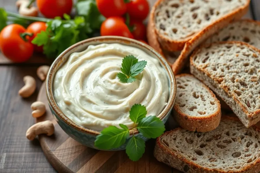 Bowl of cashew cream cheese with fresh vegetables on a wooden table.