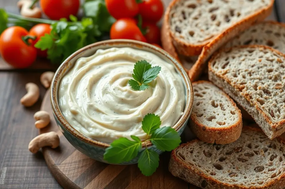 Requeijão de Caju: 5 Receitas Saudáveis para Entrar em Forma 8 Bowl of cashew cream cheese with fresh vegetables on a wooden table.