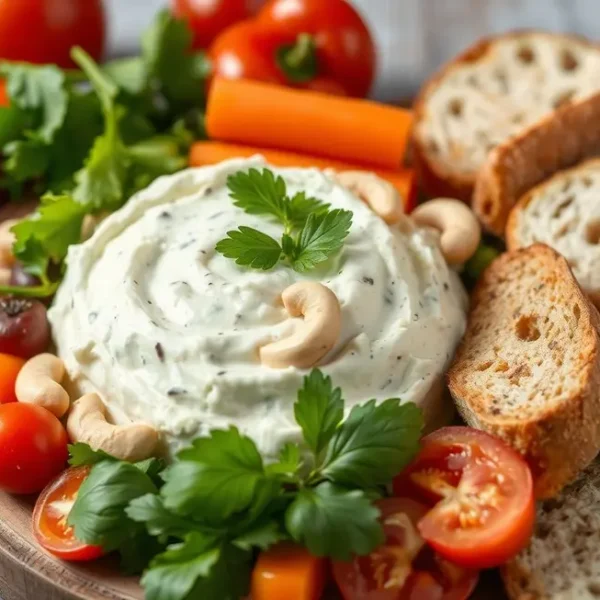 Pratos saudáveis e coloridos com requeijão de caju em uma cozinha aconchegante.