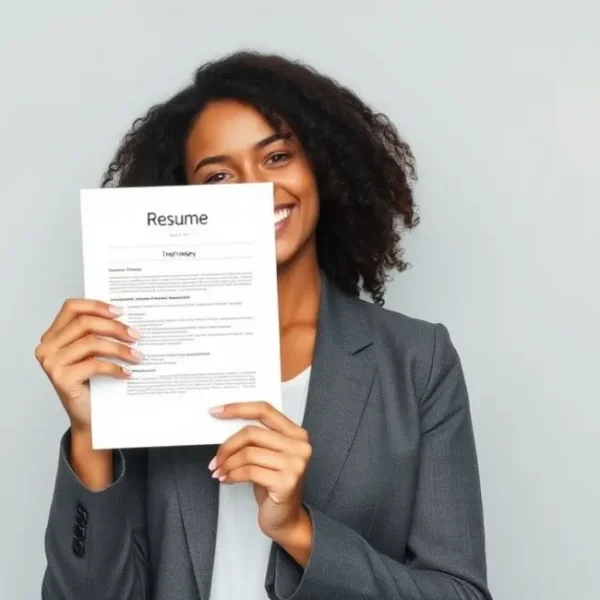 Mulher com um sorriso confiante, segurando seu currículo para uma entrevista.