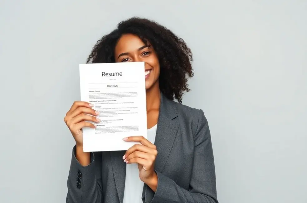 7 Estratégias Poderosas para Criar um Currículo que Abre Portas 8 Mulher com um sorriso confiante, segurando seu currículo para uma entrevista.