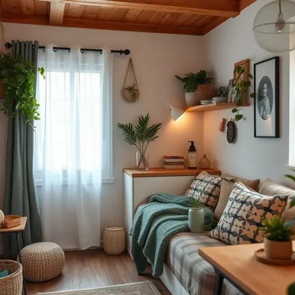 Interior aconchegante de um apartamento pequeno decorado de forma sustentável.