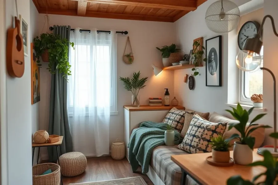 Interior aconchegante de um apartamento pequeno decorado de forma sustentável.