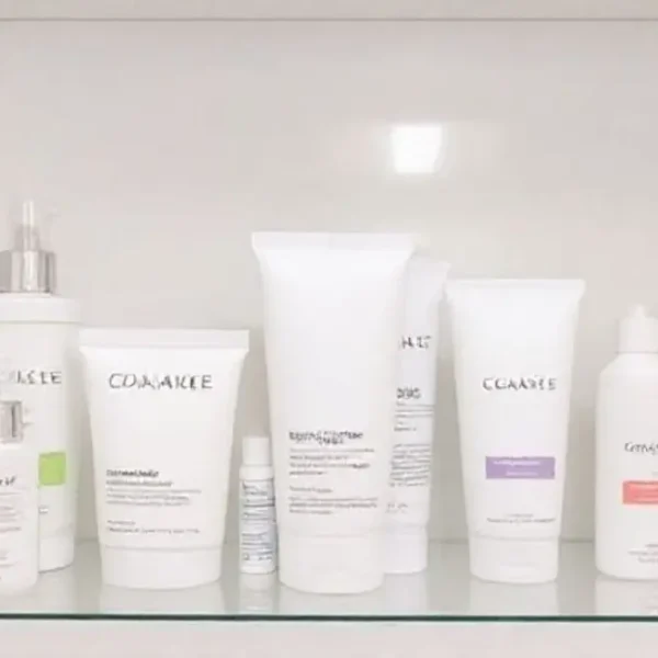 Produtos de cuidados com a pele organizados em uma prateleira iluminada.