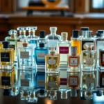 Exposição de uma variedade de frascos de perfume.