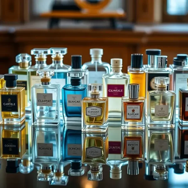 Exposição de uma variedade de frascos de perfume.