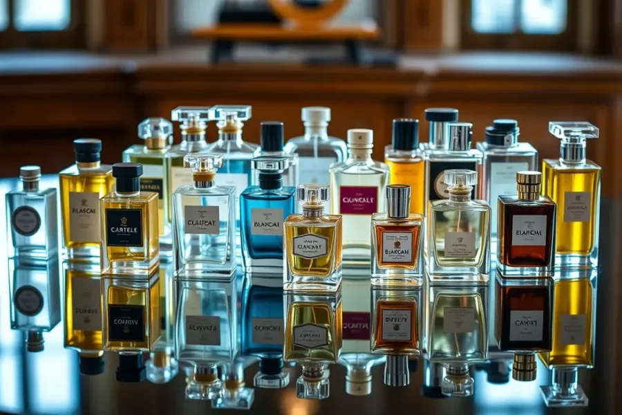 Exposição de uma variedade de frascos de perfume.