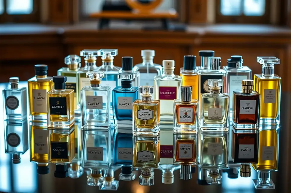 8 Perfumes Incríveis que Todo Mulher Deve Conhecer para Brilhar em Qualquer Ocasião 8 Exposição de uma variedade de frascos de perfume.