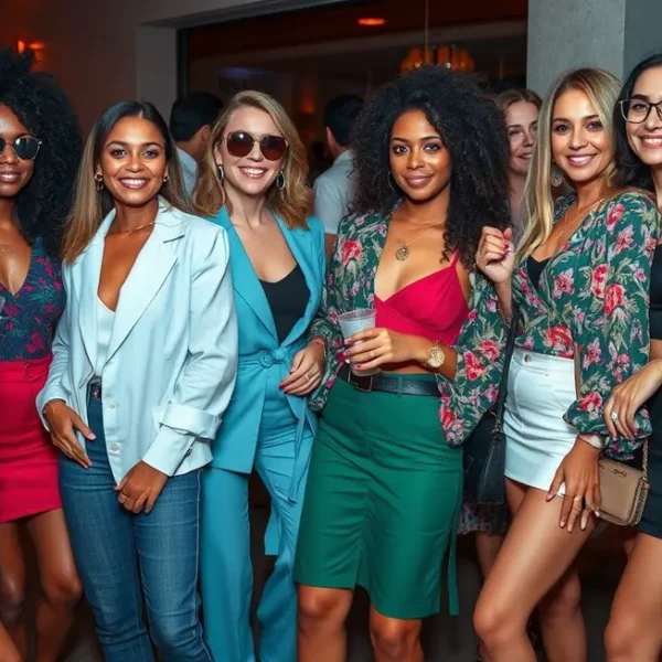 Grupo de mulheres confiantes exibindo suas roupas elegantes em um evento.