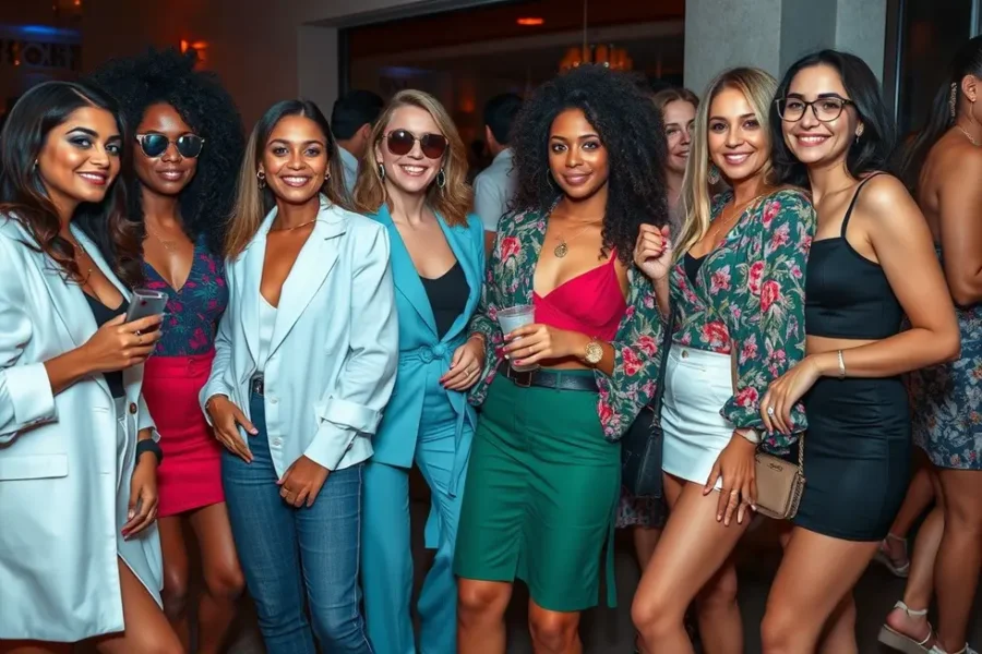 Grupo de mulheres confiantes exibindo suas roupas elegantes em um evento.